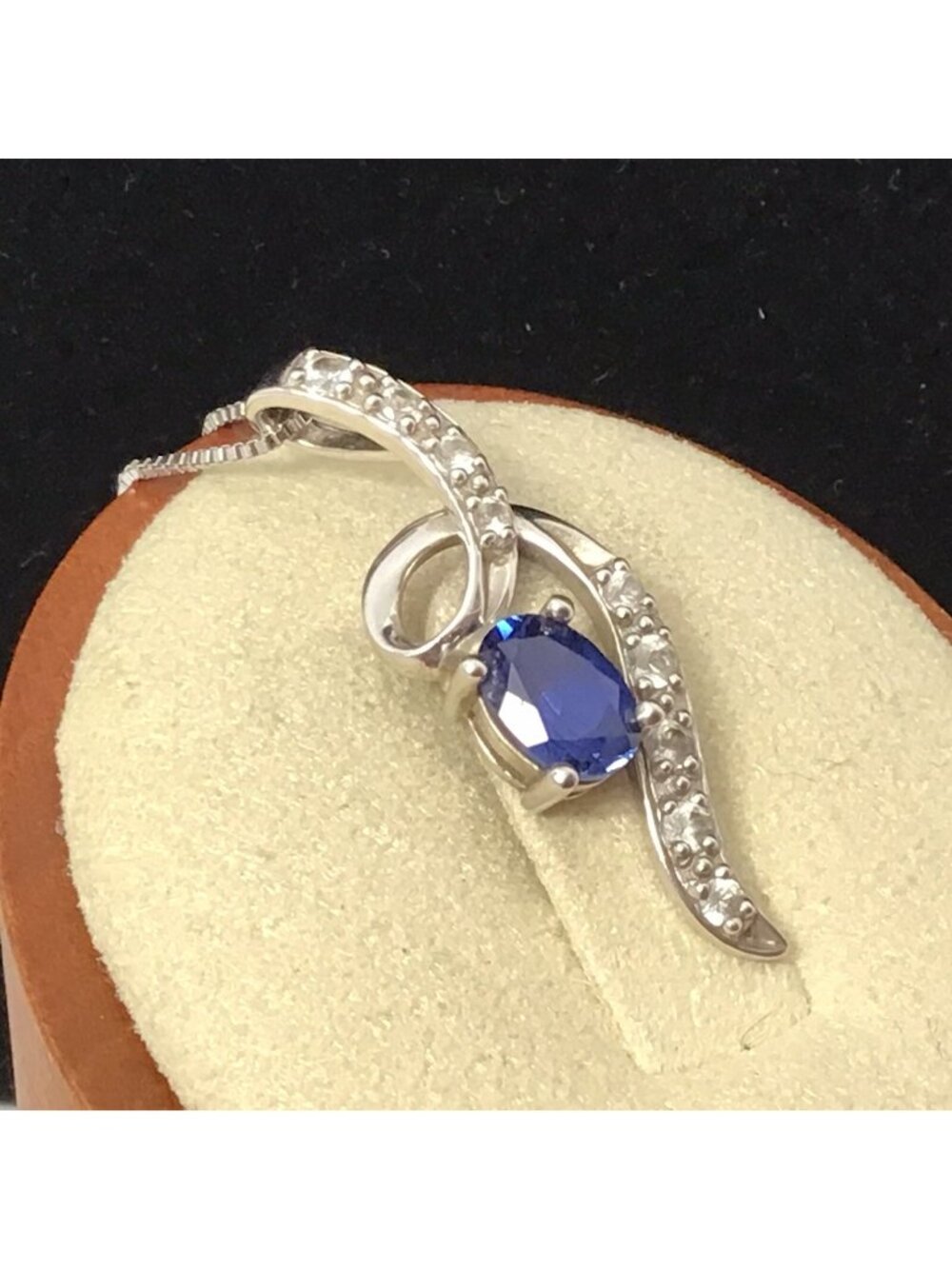 Sapphire White Topaz Pendant With Box Chain Sterling Silver Vintage 18”